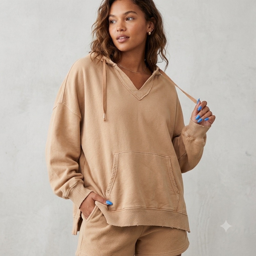 Aerie Women Tan Wonder textured Oversized V-Neck Hoodie Sweatshirt Medium camel